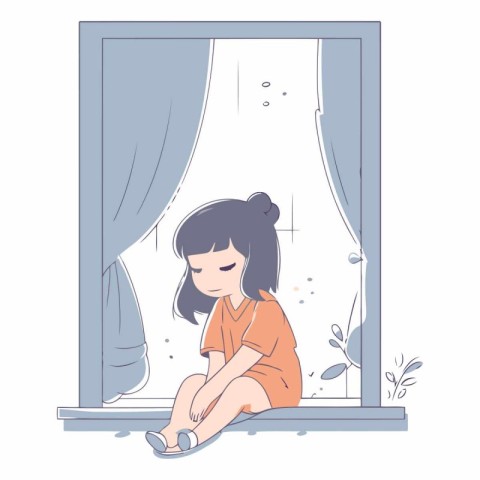 Illustration of a sad girl sitting in front of the window.