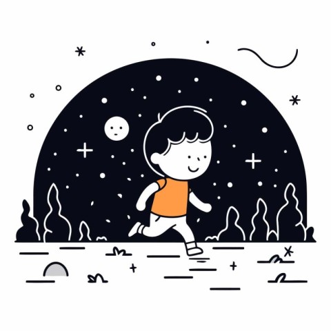 Cute little boy running in the night starry sky