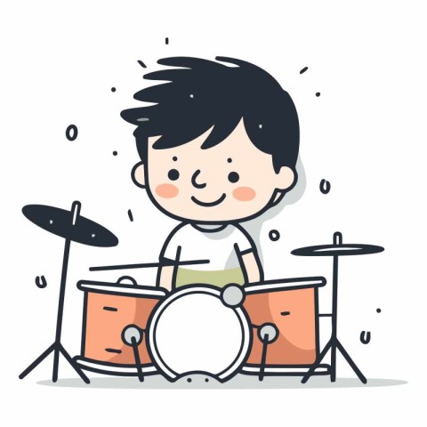 Boy playing drums. Cute hand drawn vector illustration in cartoo