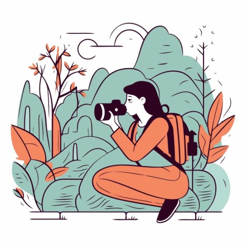 Vector illustration of a girl with a camera sitting on the groun