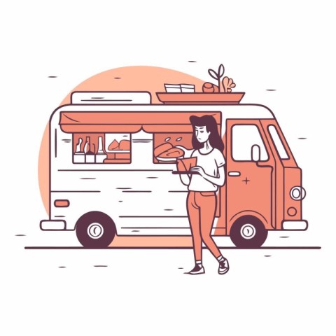 Food truck and young woman in line art style.