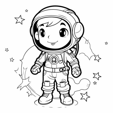 Black and White Cartoon Illustration of Astronaut Boy Character