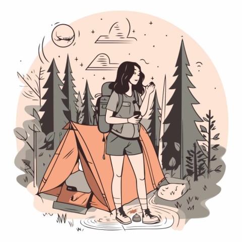 Beautiful young woman hiker standing near her tent in the forest