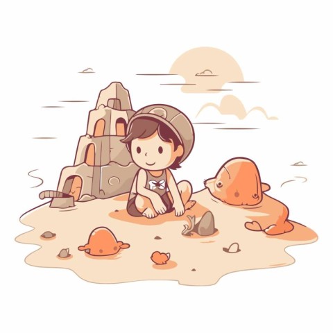 Cute little boy playing in sand. Cartoon style.