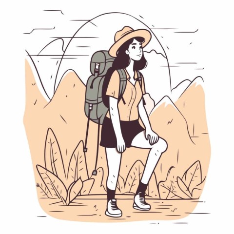 Young woman hiker with backpack in sketch style.