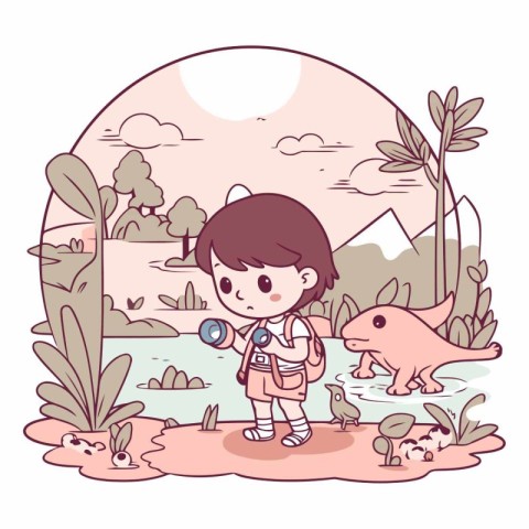 cute little explorer boy with dinosaur in the landscape vector i