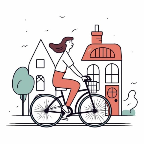 Woman riding a bicycle in the city in flat style