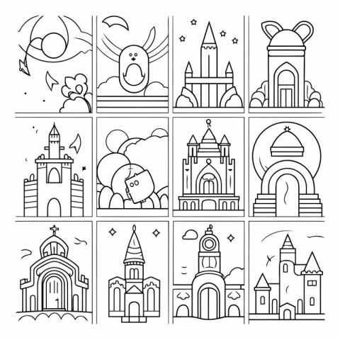 Cute hand drawn doodle castle and castle icons set. Outline vect