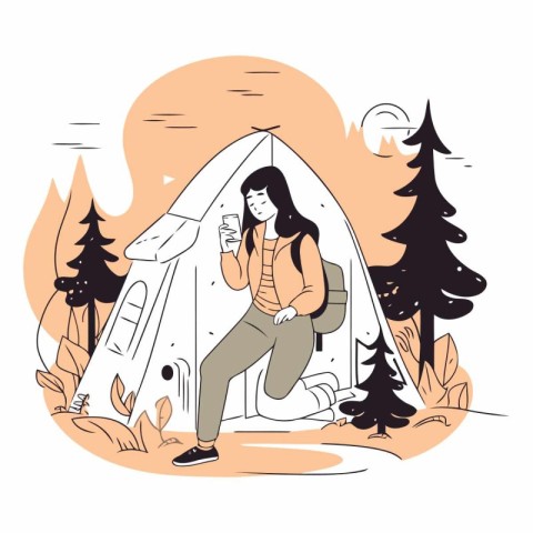 Vector illustration of a young woman in a teepee in the forest.