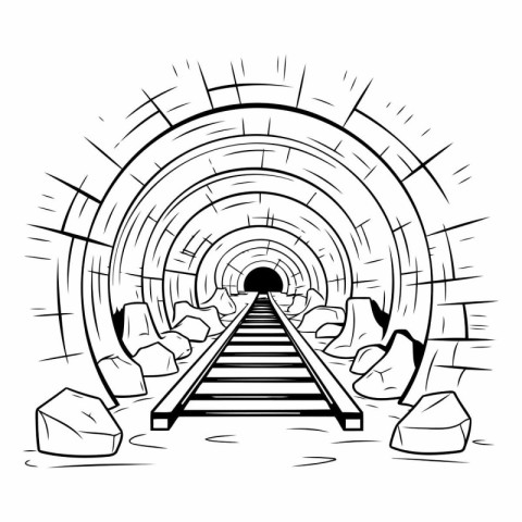 Tunnel with rails and stones. Black and white vector illustratio