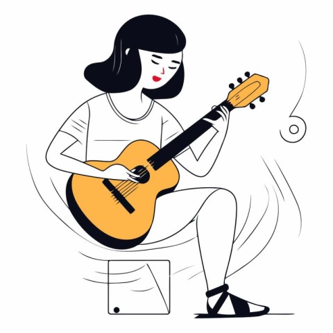 Young woman playing acoustic guitar in flat cartoon style.