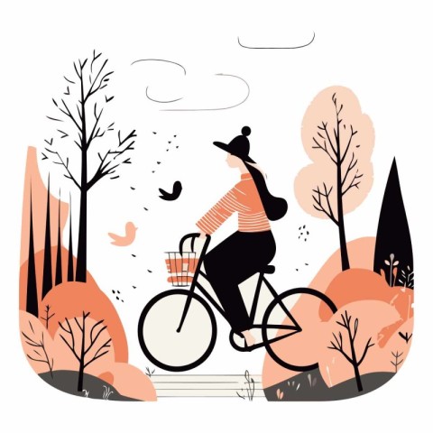 Girl riding a bicycle in the autumn park. Flat vector illustrati