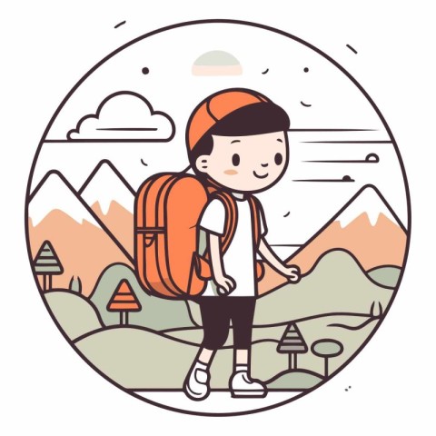 Cute boy with backpack in the mountains in a flat style