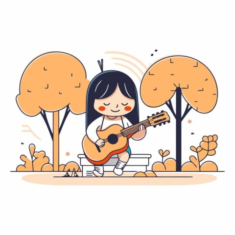 Cute little girl playing guitar in the park.