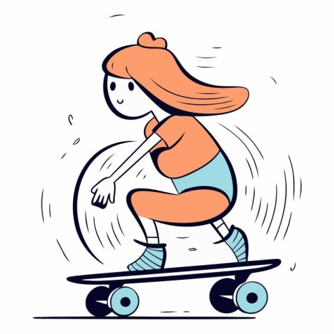 Girl rides on a skateboard in cartoon style.