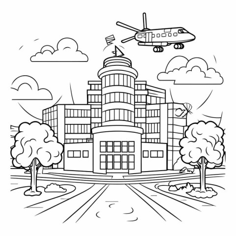 Illustration of a building and a plane flying in the sky.