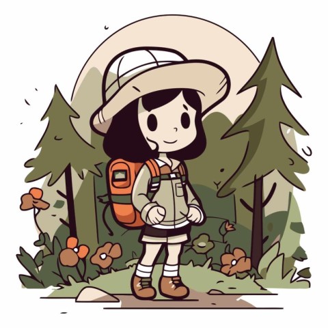 Cute girl with backpack hiking in the forest.