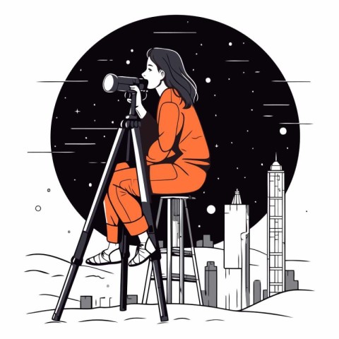 Vector illustration of a young woman with a telescope on the bac