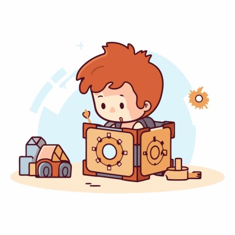 Little boy playing with a safe in cartoon style.