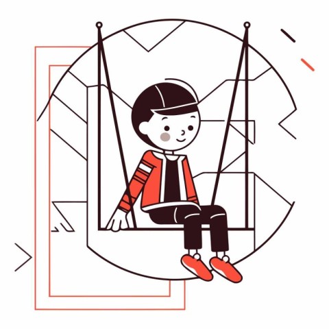 Boy sitting on a swing in thin line style.