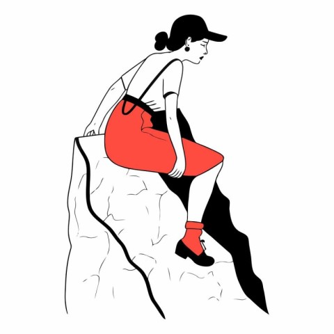 Fashionable girl with a red handbag on a rock.