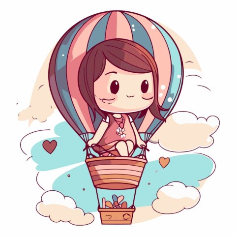 cute little girl in hot air balloon cartoon vector illustration