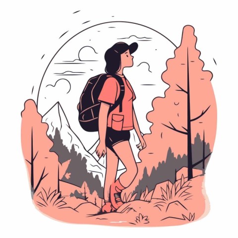 Young woman hiker with backpack in the mountains.