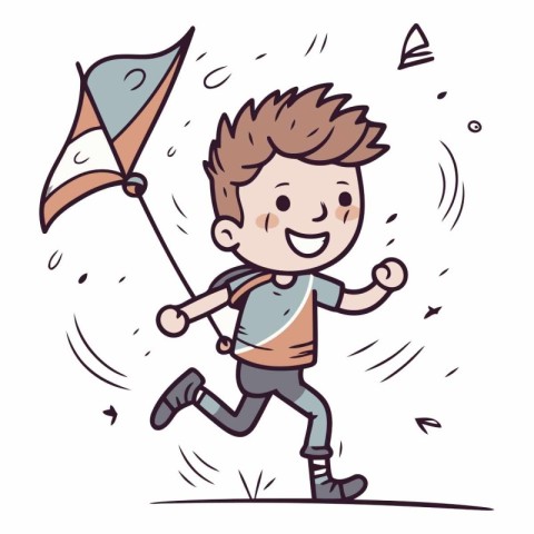 Cute boy running with a kite. Vector cartoon illustration.