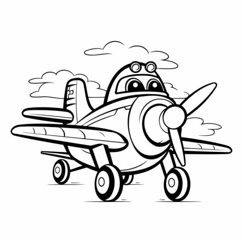 Black and White Cartoon Illustration of Cute Airplane Character