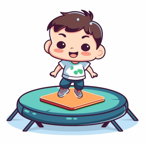 Cute Boy Jumping On Trampoline Vector Illustration.