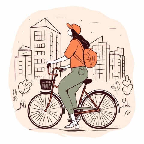 Young woman with backpack riding a bicycle in the city