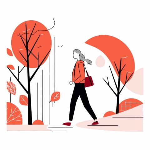 Woman walking in the autumn park in flat style.