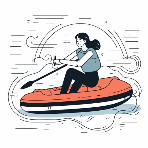 Woman riding on inflatable boat in linear style.