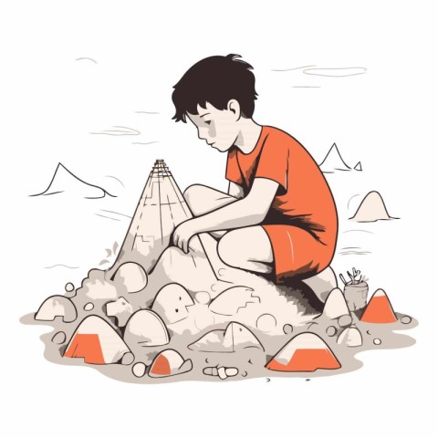 illustration of a boy in a red t-shirt sitting on the sand