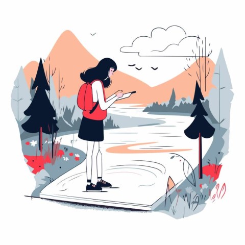 Young woman using smartphone in flat cartoon style. Female chara