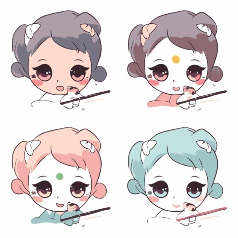 Set of cute kawaii japanese girl with chopsticks