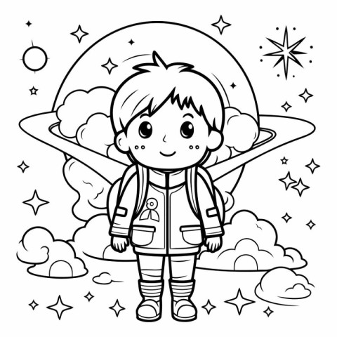 Black and White Cartoon Illustration of Astronaut Boy or Kid Cha