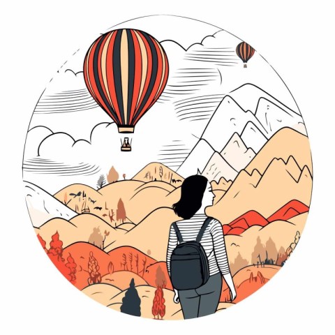 Hipster girl with backpack and hot air balloon in the mountains.