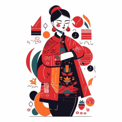 Vector illustration of a Chinese woman wearing traditional cloth