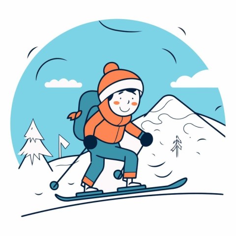 Vector illustration of a young man skiing in the mountains. Cart