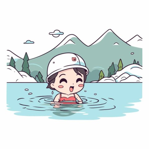 Cute little girl swimming in the lake. Vector cartoon illustrati