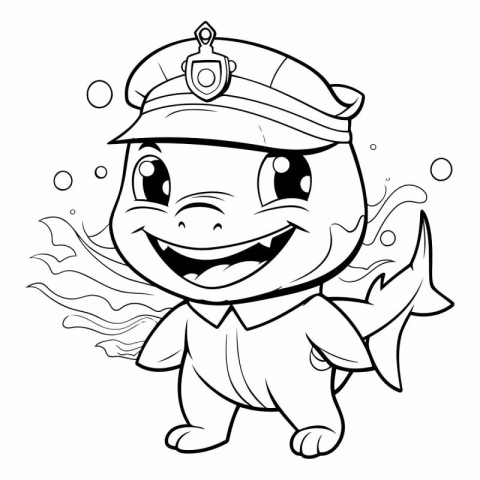 Black and White Cartoon Illustration of Cute Little Mermaid Capt