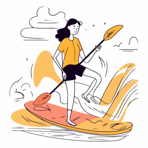 Young woman paddling on a stand up paddle board.