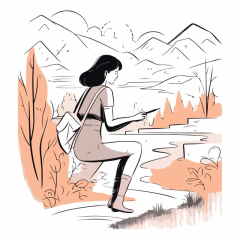 Girl with a backpack on the river bank. Vector hand drawn illust