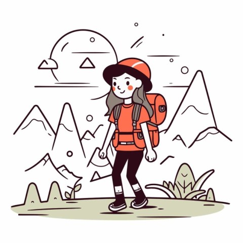 Hiking woman with backpack and hat in linear style.