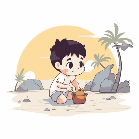 Boy playing on the beach in a cartoon style.