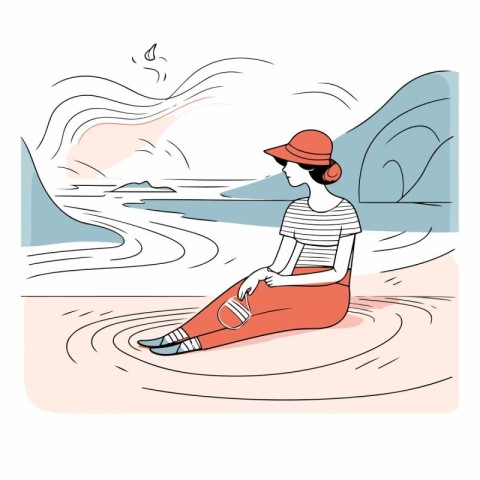 Vector illustration of a girl in a hat sitting on the beach.