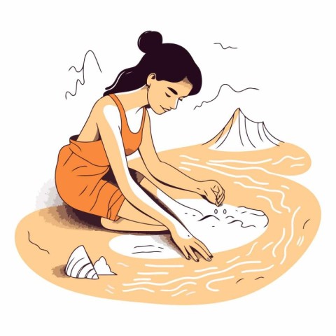 A young woman draws a pattern on the sand.