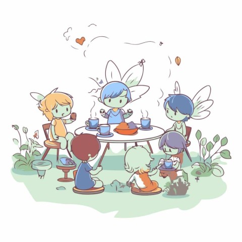 Children drinking tea at the table in the garden.