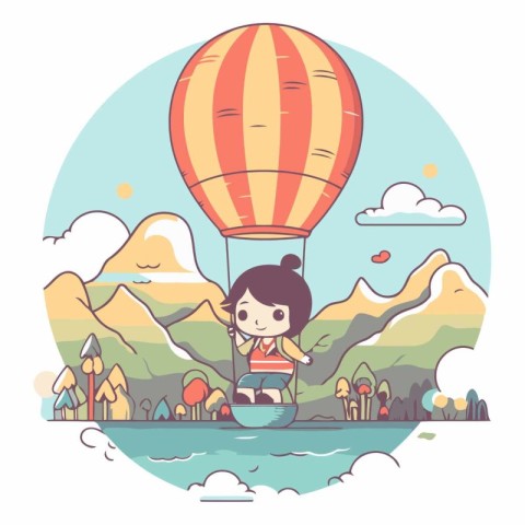 Little girl flying on a hot air balloon in the mountains.